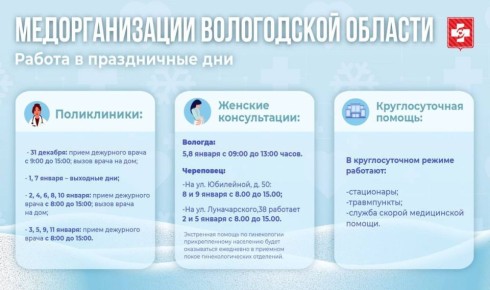 Министерство здравоохранения Вологодской области опубликовало график работы медицинских организаций в период новогодних каникул