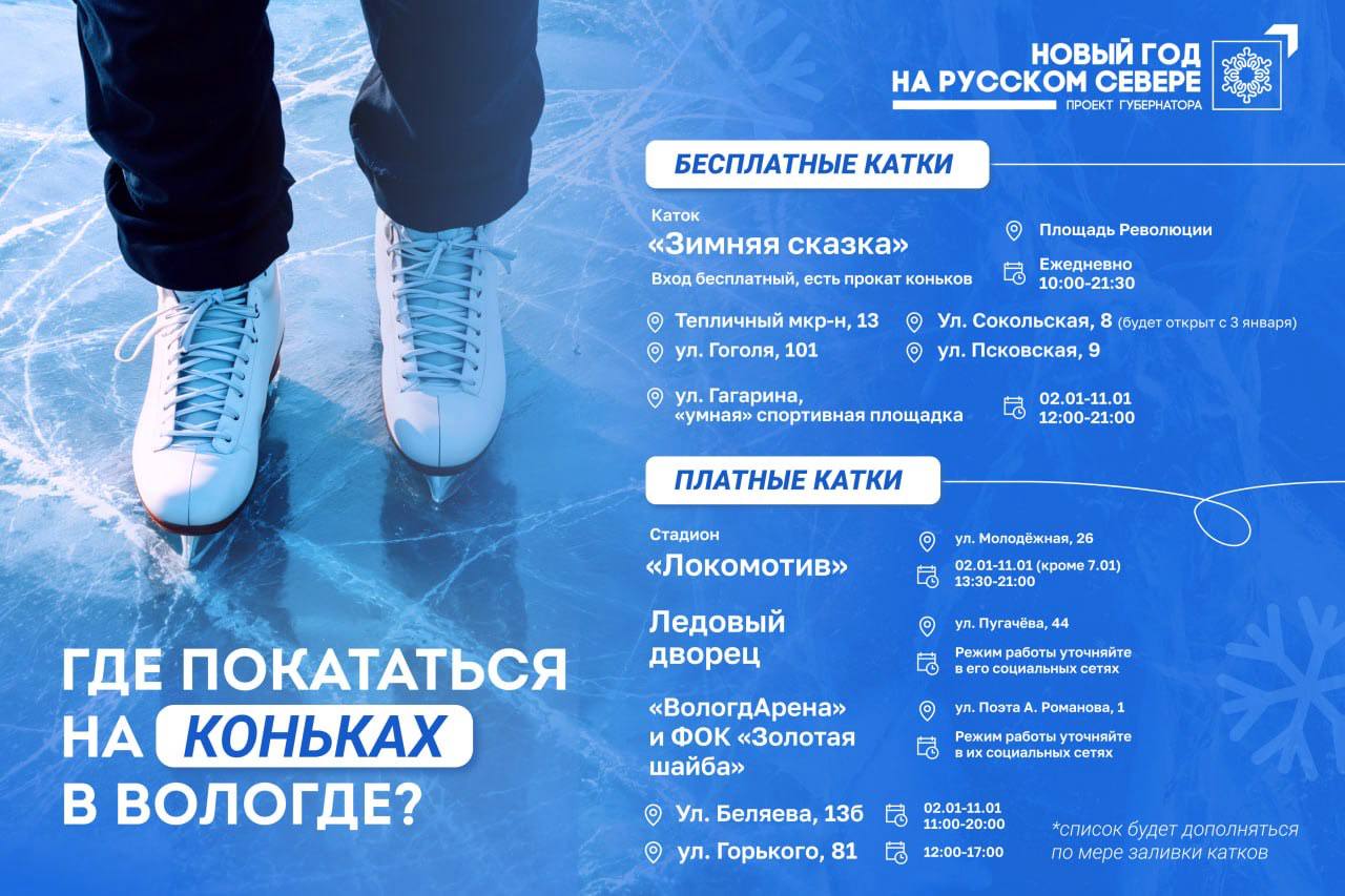 Где покататься на коньках в Вологде во время зимних каникул