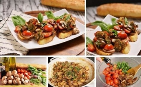 Сочные брускетты с жареными грибами и свежими помидорами