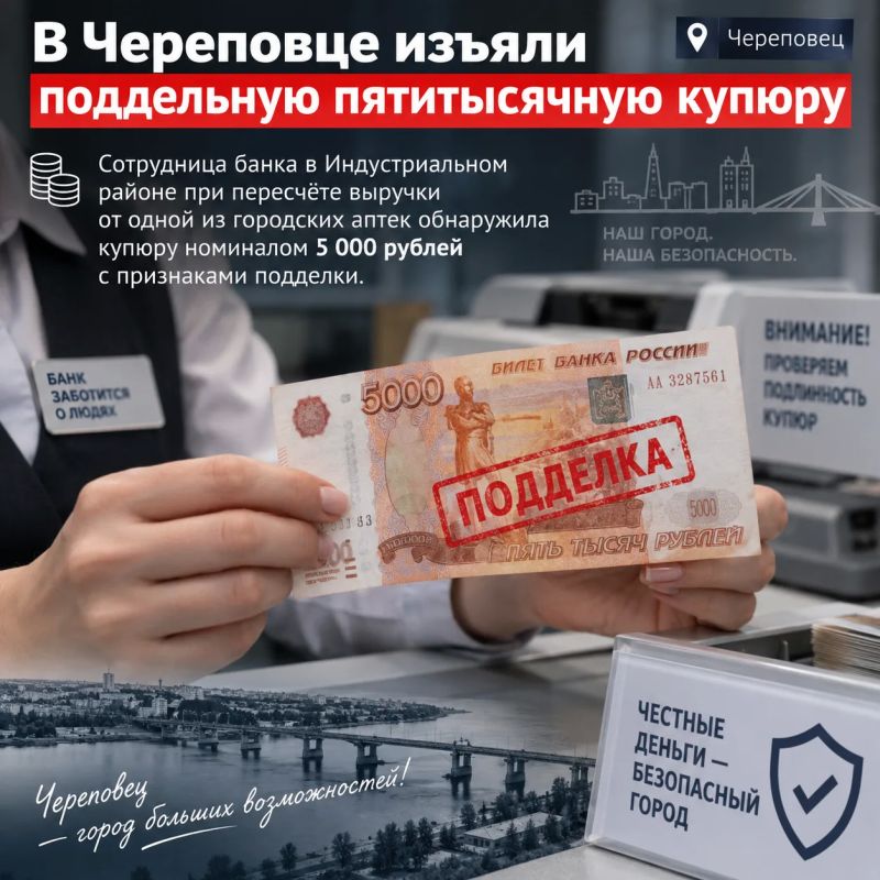 В Череповце изъяли поддельную пятитысячную купюру